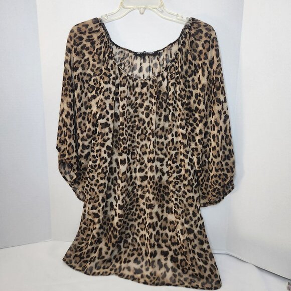 Knit 3/4" Bell Sleeve Leopard Print Pullover Plus Size Top - Picture 2 of 5